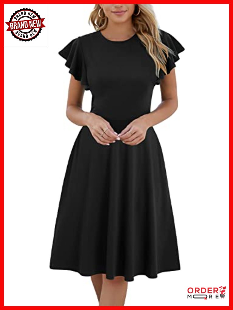 Semi-Formal Ruffle Sleeve V-Back Fit And Flare Cocktail Dress With Pockets